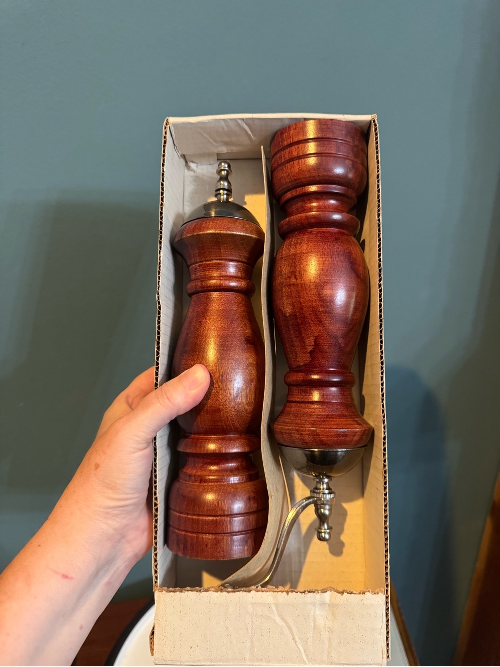 Vintage Mid Century Wooden Salt and Pepper Mill Set in Rich Walnut - New in Box